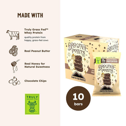 Earth Fed Muscle Brownie Points – Chocolate Brownie Grass Fed Whey Protein Bars | 15g Protein Snack | Gluten Free, Non-GMO, All-Natural Clean Energy | 2.12 oz Bars (10 Count)