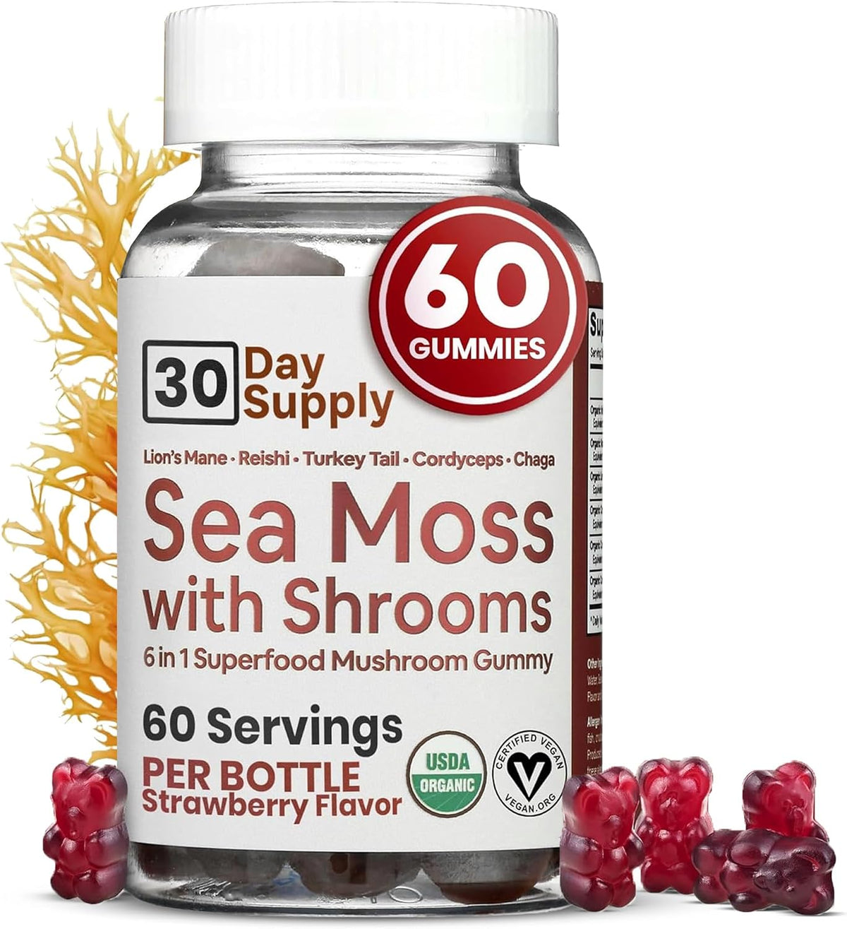 Atlantic Naturals Sea Moss Gummies with Lions Mane, Reishi, Cordyceps, Chaga & Turkey Tail Mushrooms – Irish Sea Moss Gel Alternative – Immunity, Energy & Focus for Adults – 60 Gummies