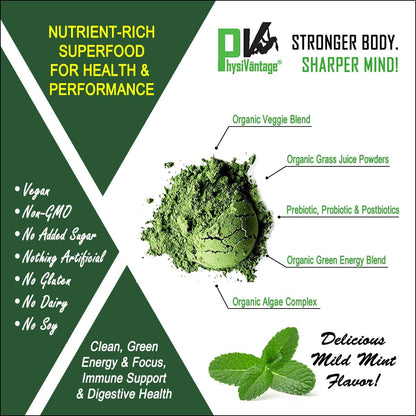 PhysiVantage - Organic Greens Powder - Helps Support Energy, Immunity, & Digestive Health - Prebiotics, Probiotics, Post-biotics - Natural Detox - Vegan - 25 Servings