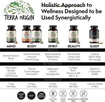 TERRA ORIGIN Healthy Stress Supplement | 60 Capsules | KSM-66 Organic Ashwagandha, L-Theanine, Rhodiola Extract, Astragalus Root and Holy Basil | Stress and Mood Support