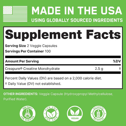 SteelFit Creatine Monohydrate Capsules for Men & Women, 100 Servings | 2.5g Creapure Creatine - Lean Muscle Gain, Strength Building & Recovery - Gym Workout Supplements, Veggie Capsule