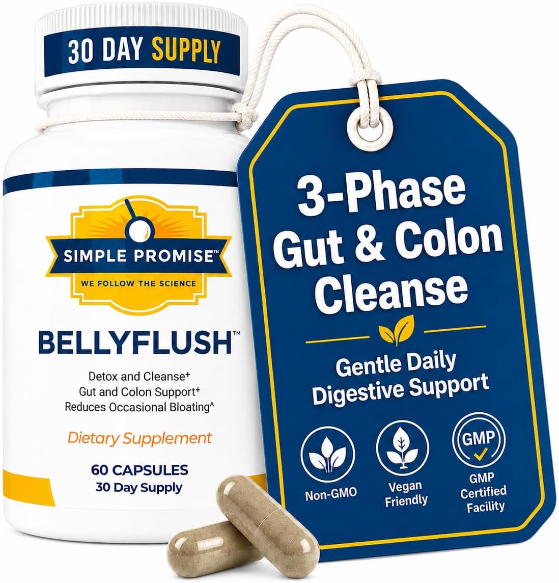BellyFlush - Gut & Colon Cleanse Capsules For Adults - Bentonite Clay | 3-Phase Gentle Cleanse, Constipation & Bloating Relief, Milk Thistle Blend, Simple 2-Capsule Routine, Non-GMO