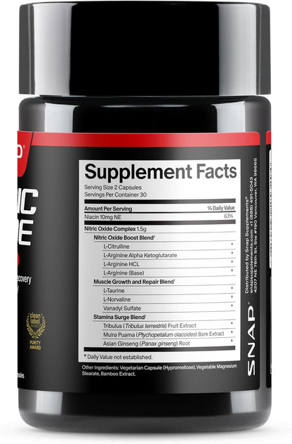 Snap Supplements Nitric Oxide Booster for Men & Women, 60 Vegan Capsules | Nitric Oxide Supplement, L-Citrulline + 3 Forms of L-Arginine for Stamina, Endurance & Circulation, Caffeine-Free Pre-Workout