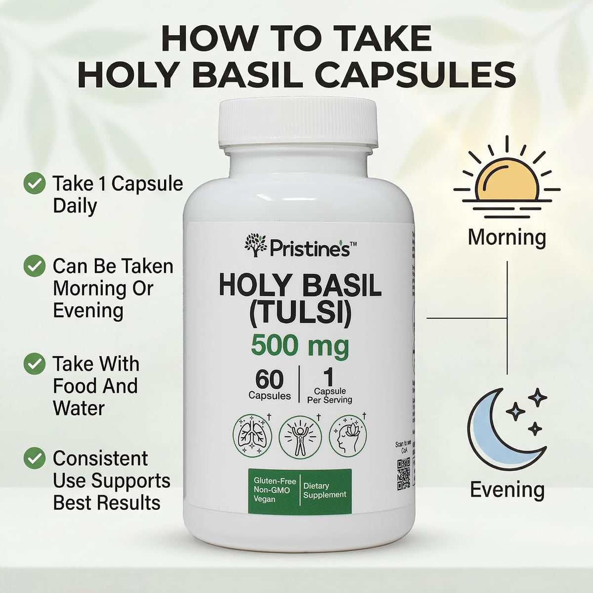 PRISTINE'S Holy Basil Tulsi 500mg Adaptogen Capsules, Vegan, 60 Day Supply | Calm and relaxation support in a simple Tulsi (holy basil) capsule routine. 60 day supply, vegan, non-GMO, gluten-free