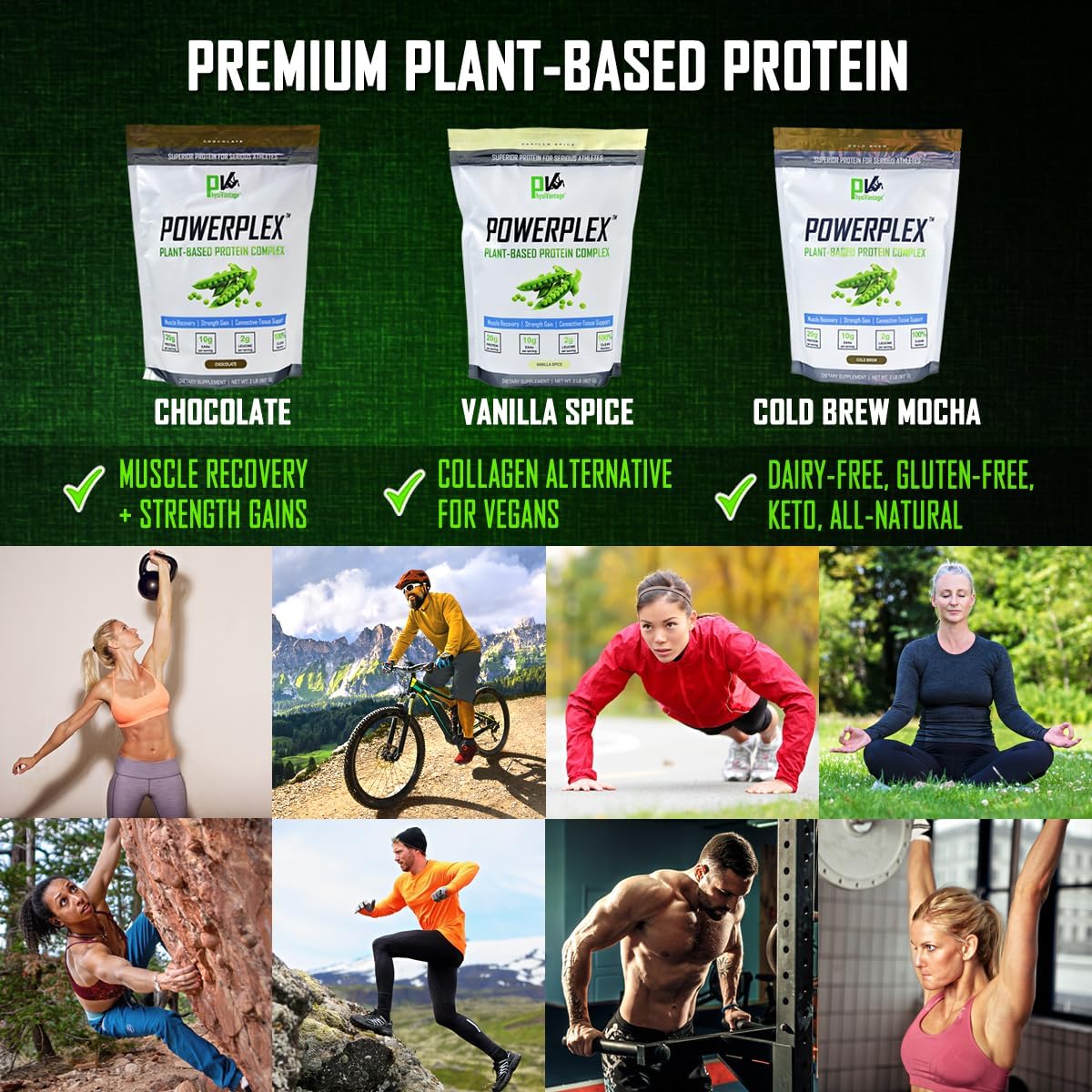 PhysiVantage POWERPLEX Vegan Protein Powder, Collagen Alternative - Organic Plant-Based Pea & Rice Protein, Dairy-Free, Non-GMO, Supports Muscle & Joint Recovery, Monk Fruit Sweetened 2 lb (Vanilla)