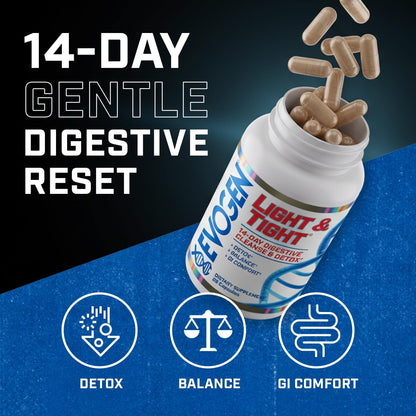 Evogen Light & Tight 14-Day Colon Cleanse & Detox | 28 Capsules | PreforPro prebiotic to flush waste, reduce bloating and support a lean midsection, gut and immune health