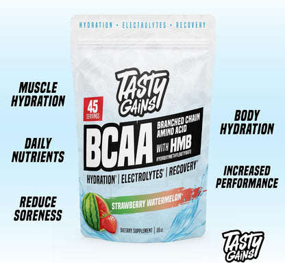 TASTY GAINS - Amino Acids Supplement - BCAA Powder, Amino Energy Powder, Essential Energy with Electrolytes, Essential BCAA & EAA with HMB - 45 Servings, Strawberry Watermelon