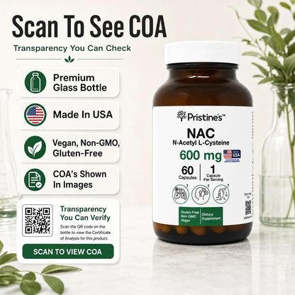 PRISTINE'S NAC 600mg N-Acetyl Cysteine Capsules, Glutathione Support | Glutathione support in a simple NAC capsule routine. Antioxidant support, 60 day supply, vegan, non-GMO, gluten-free