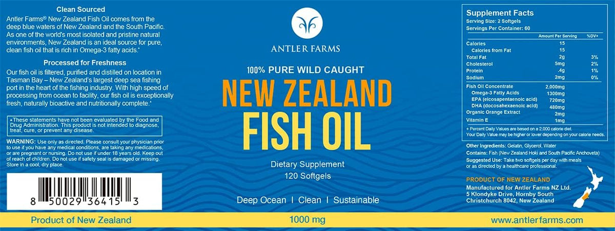 Antler Farms - 100% Pure Wild Caught New Zealand Fish Oil from Deep Ocean, Cold Water Fish, 120 Softgels - Clean, Fresh Omega-3 EPA + DHA Supplement, Keto Friendly, Super Clean | 100% Pure Fish Oil Supplement from Deep Ocean, Cold Water Fish, Clean, Fresh