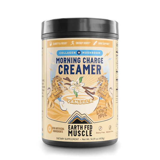 Earth Fed Muscle Vanilla Protein Coffee Creamer Powder, 24 Servings | Collagen Peptides, Lion's Mane, Coconut Milk, Non-Dairy, Morning Charge - Focus + Joint Support