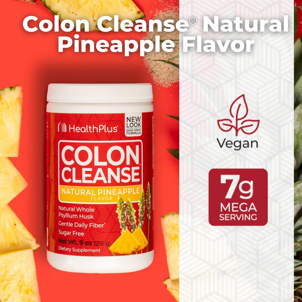 Health Plus Colon Cleanse Fiber Powder, Pineapple Flavor, 9 oz, 36 Servings | No artificial flavors; daily fiber with psyllium husk that supports natural detoxification and regularity