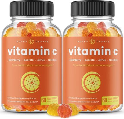 NutraChamps Vitamin C Gummies for Adults & Kids, 5-in-1 Immune System Support with Elderberry, Rosehips, Citrus Bioflavonoids & Acerola Cherry, Immunity Booster Supplement (Pack of 2)