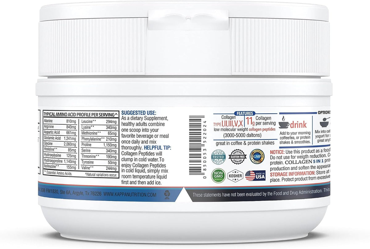 KAPPA NUTRITION Collagen Peptides Powder, 5 in 1 Multi-Collagen Advanced Complex with Hydrolyzed Collagen Peptides, Supports Skin, Hair, Nails, Joints & Bones / 30 Servings