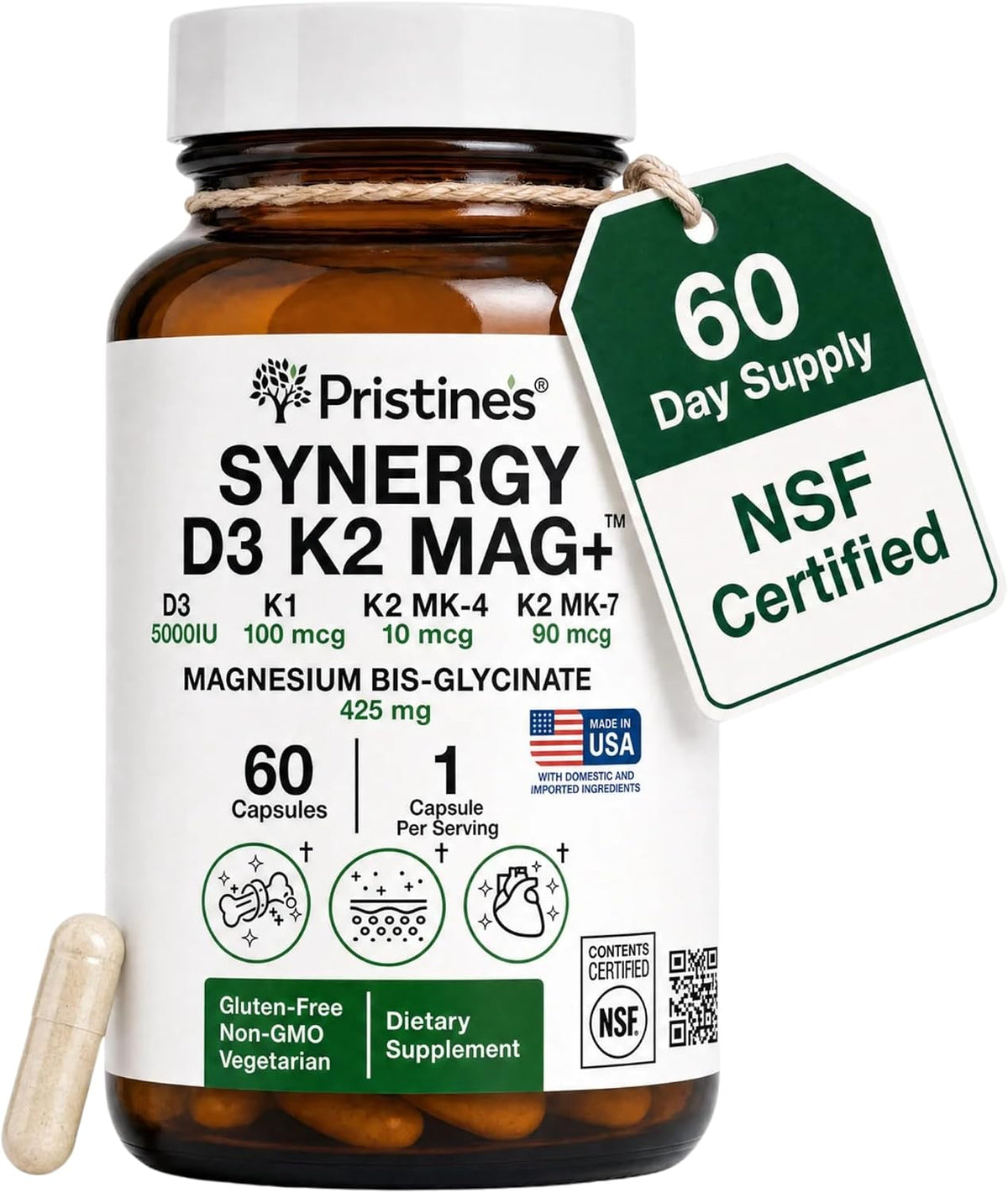 Pristine's NSF Certified Vitamin D3 K2 5000 IU with Magnesium, 60 Caps | Two forms of K2, MK-4 and MK-7, plus apigenin, L-theanine and magnesium glycinate. Non-GMO, gluten-free, NSF Certified.
