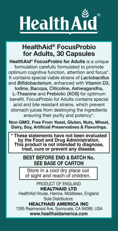 FocusProbio for Adults – 10 Billion CFU Probiotic with Prebiotic, Bacopa, Citicoline, L‑Theanine, Ashwagandha & Vitamin D₃ | Supports Focus, Mood & Gut-Brain Balance – Vegetarian, Once Daily HealthAid buy supplements Au