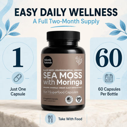 Sea Moss Capsules – Irish Sea Moss with Black Seed Oil, Ashwagandha, Moringa, Ginseng & Ginger for Energy, Vitality & Wellness – Seamoss Nutritional Supplement – Made in USA – 60 Capsules