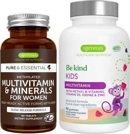 Multivitamin & Minerals for Women + Advanced Kids Multivitamin Gummy Vegan Bundle, with Methylated B-Vitamins, Vitamin A, C, D3 & E, Clean Label, 60 Tablets + 90 Berry Flavor Gummies, by Igennus