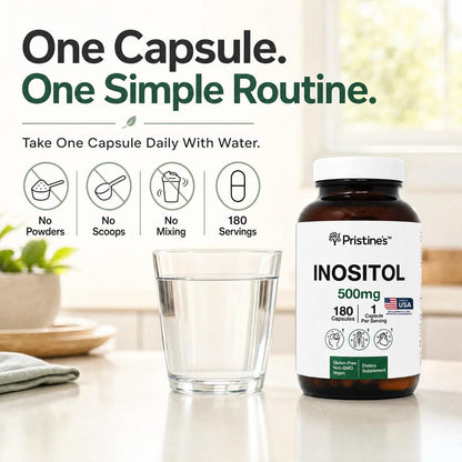 PRISTINE'S Myo-Inositol 500mg Capsules, Women's Health Support, 180 Count | Women's balance and cycle support for daily routines. 180 day supply, vegan, non-GMO, gluten-free capsules in a glass bottle