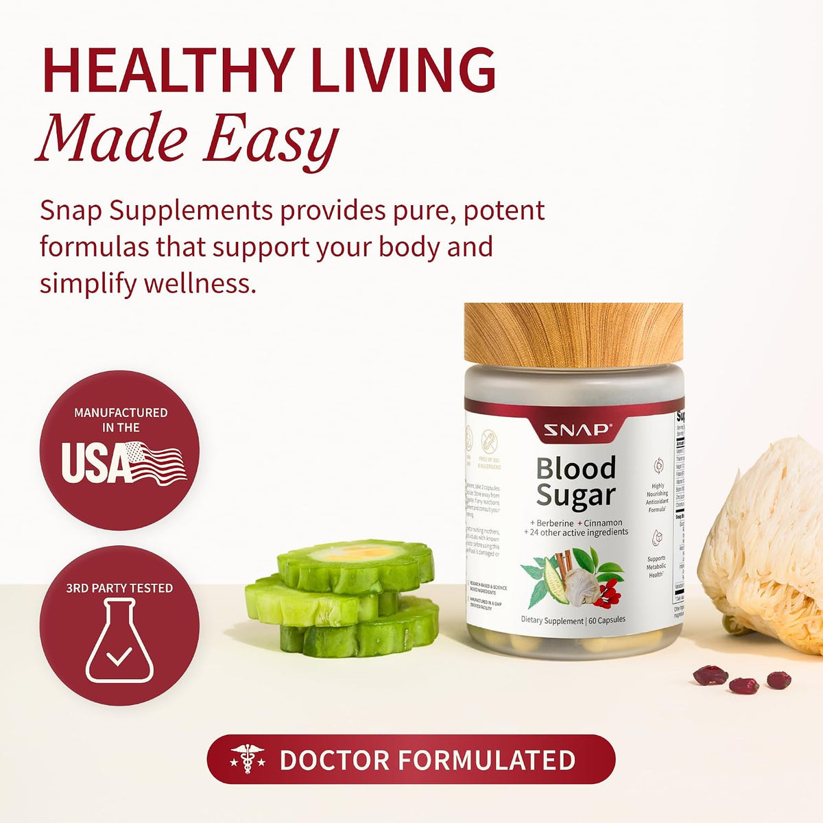 Snap Supplements Blood Sugar Blend with Berberine, CoQ10, 60 Vegan Capsules | Support Already Healthy Blood Sugar, Metabolic Health and Energy, Sugar Free, with CoQ10, Cinnamon (Packaging May Vary)