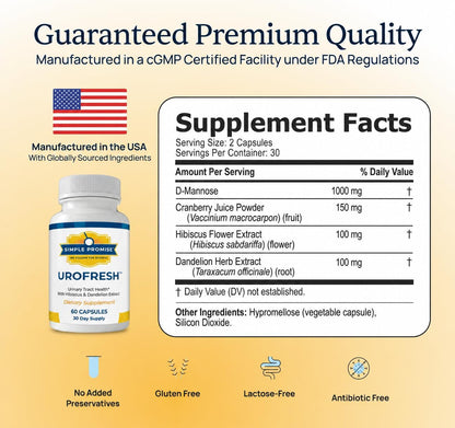 UroFresh - D-Mannose 1000mg with Cranberry for Women - Urinary Tract Health | Cranberry Blend, Bladder Comfort Support, Hibiscus and Dandelion, Simple Once-Daily Routine, Vegan Capsule