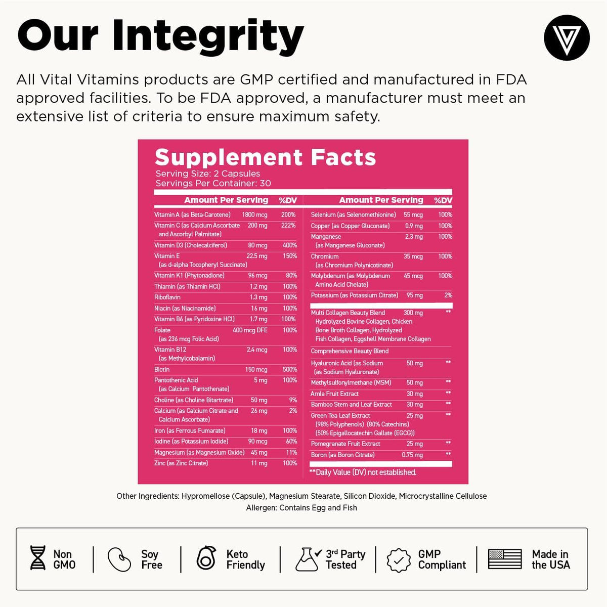 Vital Vitamins Women's Multivitamin Complex with Collagen & Hyaluronic Acid | 25 Vitamins and Minerals, Multi-Collagen Blend, Hyaluronic Acid & MSM for Hair, Skin & Nails, 60 Capsules