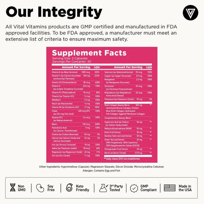 Vital Vitamins Women's Multivitamin Complex with Collagen & Hyaluronic Acid | 25 Vitamins and Minerals, Multi-Collagen Blend, Hyaluronic Acid & MSM for Hair, Skin & Nails, 60 Capsules