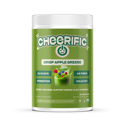 Green supplement container labeled 'Cheerific Crisp Apple Greens' on a white background