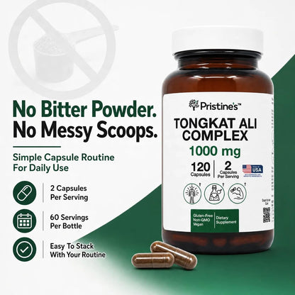 PRISTINE'S Tongkat Ali Complex 1000mg with Tribulus, Vegan, 120 Capsules | Strength, drive and stamina support from a 100:1 root extract blend. Vegan, non-GMO, gluten-free, 120 capsules