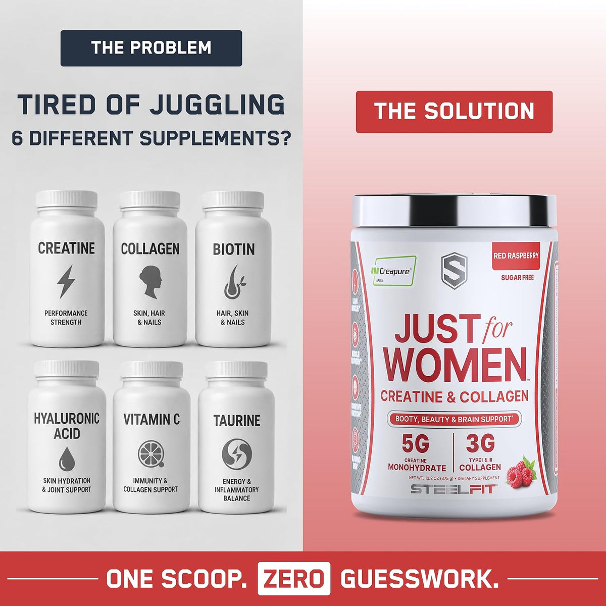 SteelFit Just for Women, Creatine Monohydrate & Collagen Peptides Powder | 5g Creapure Creatine & 3g Grass-Fed Collagen - Lean Muscle Growth & Healthy Hair, Skin, & Nails - Red Raspberry, 30 Servings