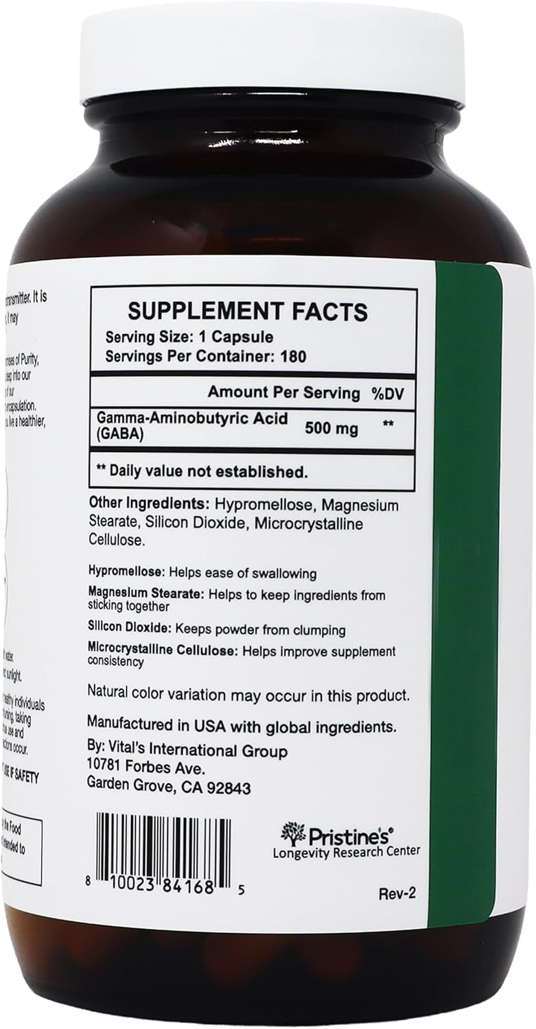 PRISTINE'S GABA 500mg Capsules Sleep Support, Relaxation, 180 Count, Vegan | Evening calm and relaxation support for a simple sleep routine. 180 servings, vegan, non-GMO, gluten-free glass bottle