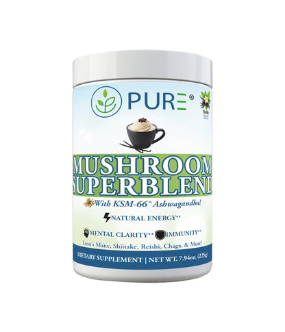 PURE® Mushroom Superblend - 30 Servings - 2000mg Lion’s Mane with KSM-66® Ashwagandha & Organic Cacao - Caffeine-Free Focus, Memory & Stress Relief Morning Ritual - Made in USA