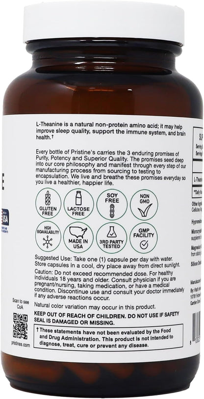 PRISTINE'S L-Theanine 200mg Capsules Sleep & Relaxation, Vegan, 150 Count | Calm focus, sleep and relaxation support without caffeine or stimulants. 150 count, vegan, non-GMO, gluten-free glass bottle