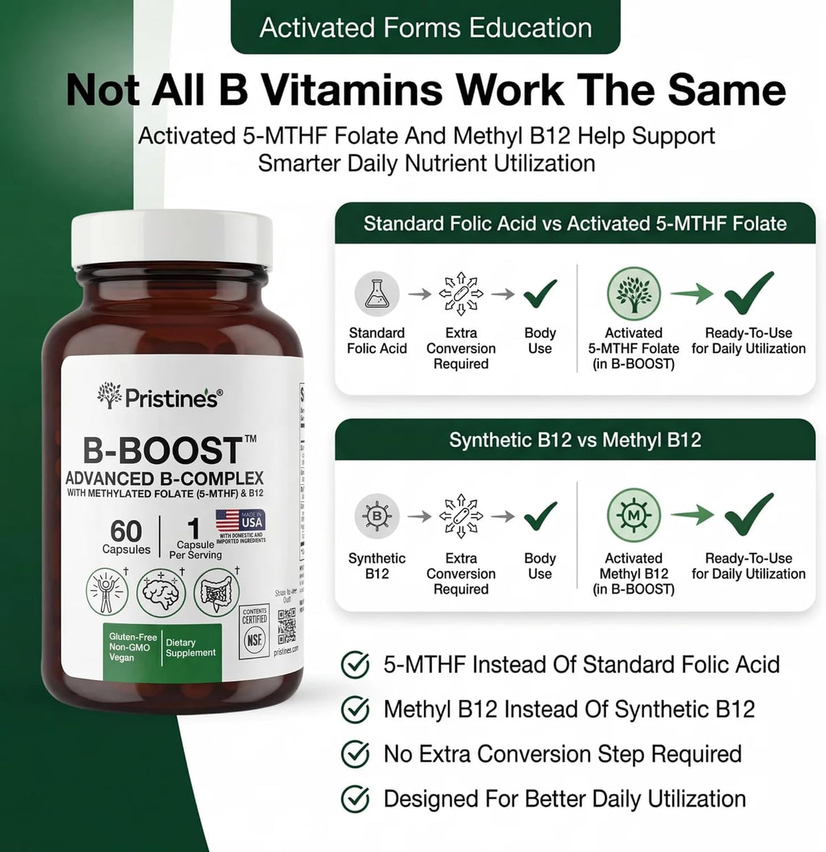 PRISTINE'S NSF Certified B Boost Methylated B Complex, 5-MTHF, 60 Count | Energy metabolism support with methyl B12 and choline in a methylated B complex. Vegan, non-GMO, gluten-free