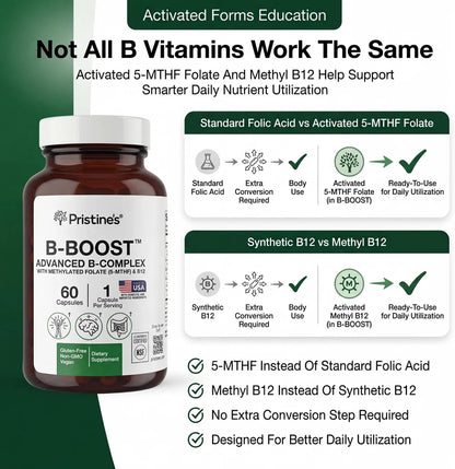 PRISTINE'S NSF Certified B Boost Methylated B Complex, 5-MTHF, 60 Count | Energy metabolism support with methyl B12 and choline in a methylated B complex. Vegan, non-GMO, gluten-free