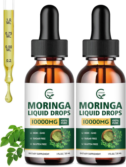 (2 Pack) Organic Moringa Liquid Drops, Moringa Supplement with Turmeric, Black Pepper, Grape Seed Extract, Pure Moringa Oleifera Leaf Extract for Skin, Gut, Immune Support, More Potency Than Powder