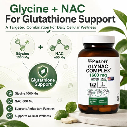 PRISTINE'S GlyNAC 1600mg Tablets, Glycine 1000mg + NAC 600mg, 120 Count | Glutathione support from glycine and NAC. Large scored tablets, 120 count, vegan, non-GMO, gluten-free, glass bottle