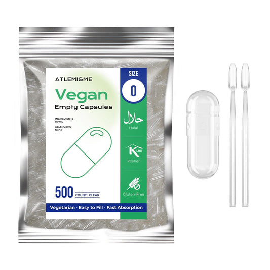 ATLEMISME Empty Vegan Capsules Size 0, 500-Count DIY Vegetable Capsules for Filling | Includes 2 Micro Lab Spoons ATLEMISMEBuy Supplements Australia