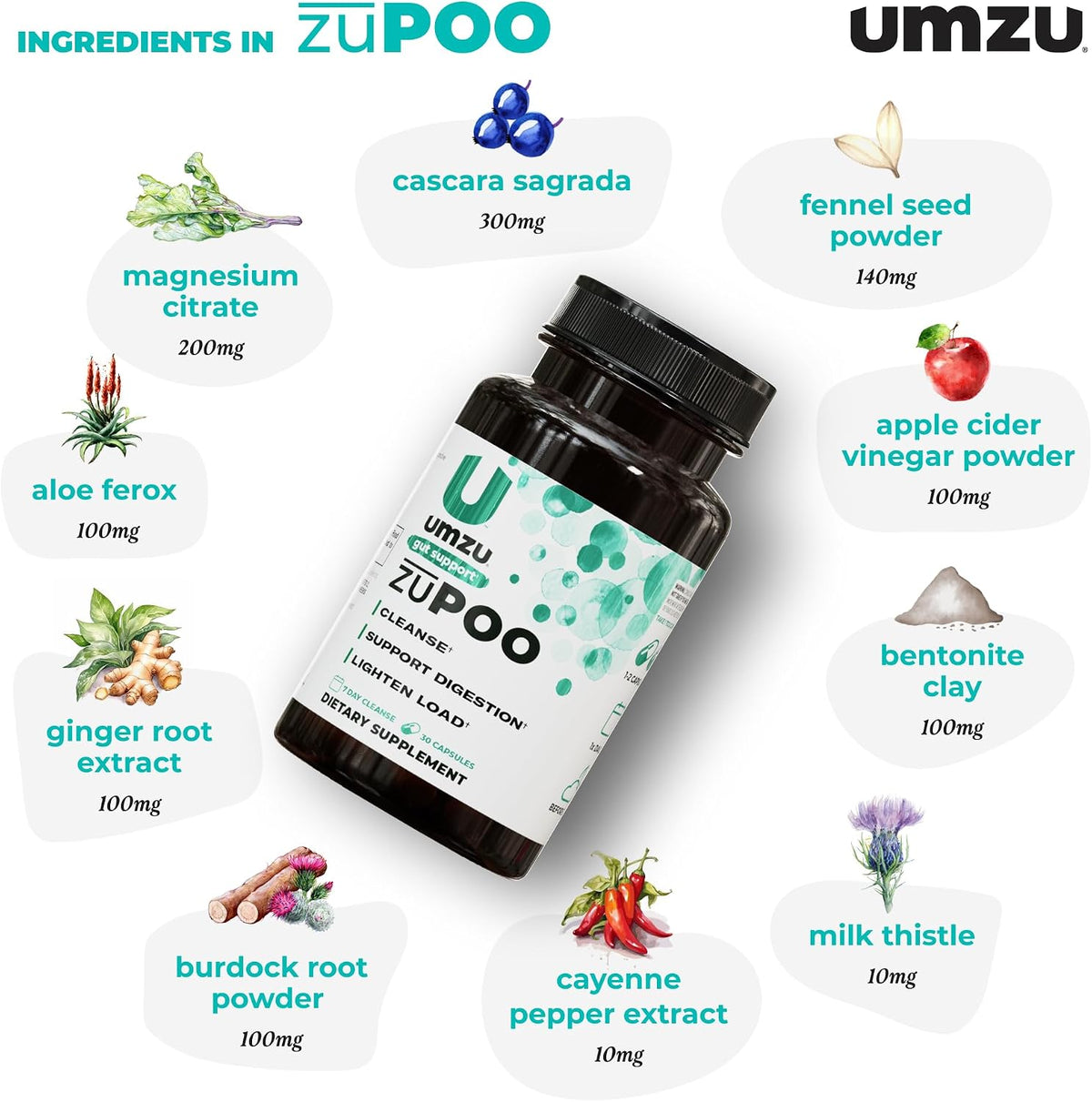 UMZU zuPOO Colon Cleanse Capsules, 30 Capsules | 7-Day Gut Cleanse Support, Cascara Sagrada, Magnesium Citrate, Natural Elimination, Digestive Balance, Vegan, Non-GMO