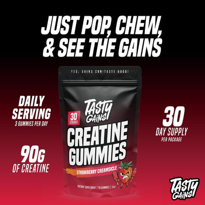 TASTY GAINS Creatine Gummies - 90g of Creatine Monohydrate - Workout Supplements - Build Muscle & Boost Strength for Men & Women - Made in USA - Non GMO - (Large, Strawberry Creamsicle Flavor)
