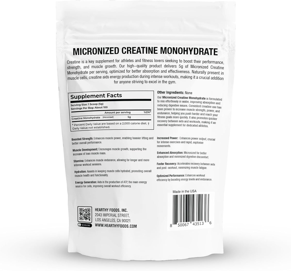 HEARTHY FOODS Creatine Monohydrate Micronized Powder 500G - 100 Servings, 5000mg Per Serving (5g) - for Men & Women Muscle Growth & Recovery - UNFLAVORED