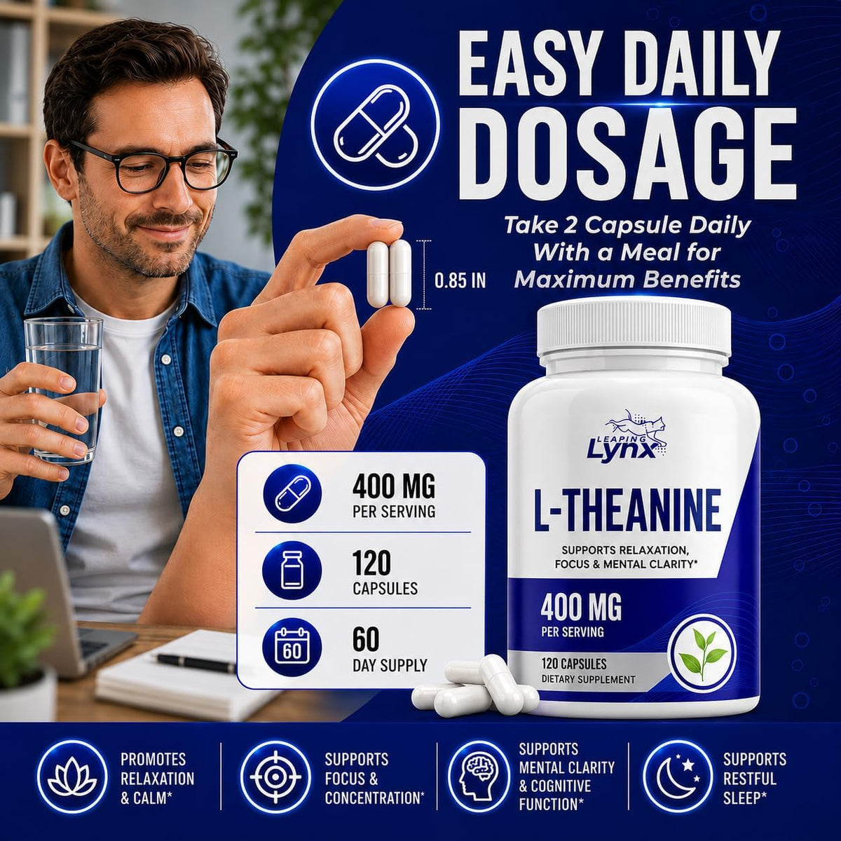 Leaping Lynx L-Theanine 400 mg per Serving (200 mg per Capsule), 120 Capsules | Supports Relaxation, Stress Relief, Calm Focus & Sleep | Non-GMO Supplement
