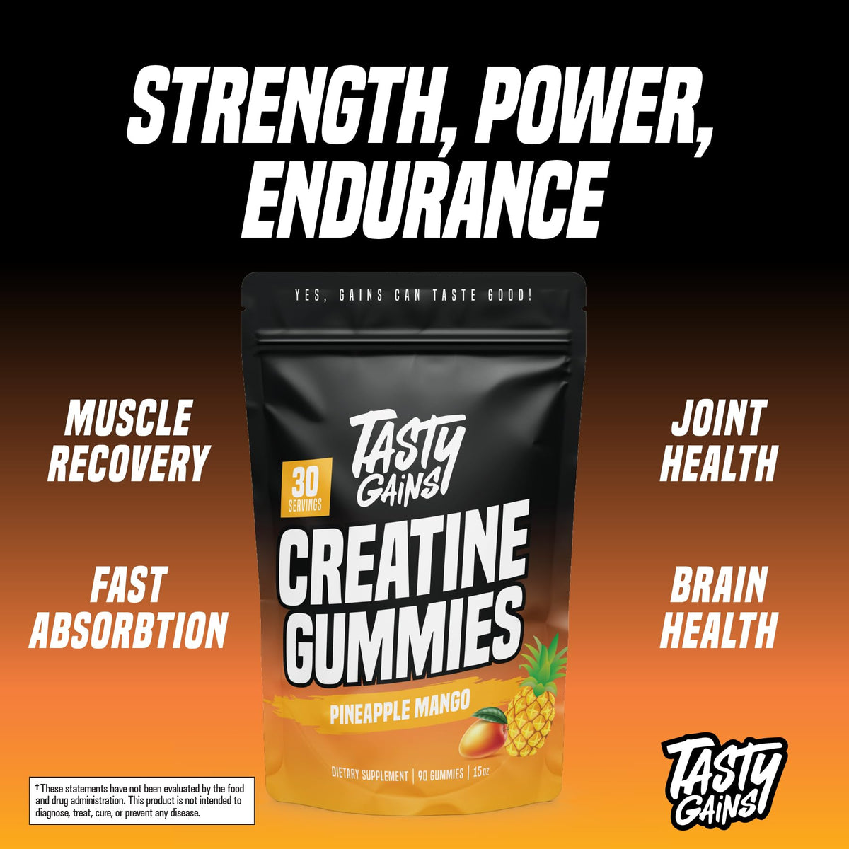 TASTY GAINS Creatine Gummies - 90g of Creatine Monohydrate - Workout Supplements - Build Muscle & Boost Strength for Men & Women - Made in USA - Non GMO - (Large, Strawberry Creamsicle Flavor)