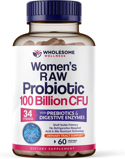 Wholesome Wellness Probiotics for Women 100 Billion CFUs with Prebiotics, Digestive Enzymes + Grass Fed Desiccated Beef Liver Capsules Bundle