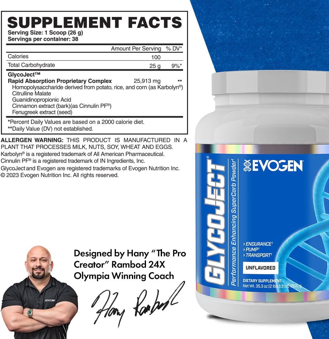 Evogen GlycoJect Karbolyn Super Carb Powder | Unflavored | 37 Servings | Fast-digesting fuel with citrulline malate for rapid glycogen replenishment, endurance, muscle pumps and recovery