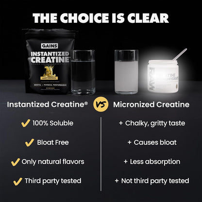 Gains in Bulk Intantized Creatine Bundle, Soluble Pre Workout Powder, Supports Muscle Building, Strength and Performance, Unflavored, Raspberry and Sweet Lemonade, 90 Servings