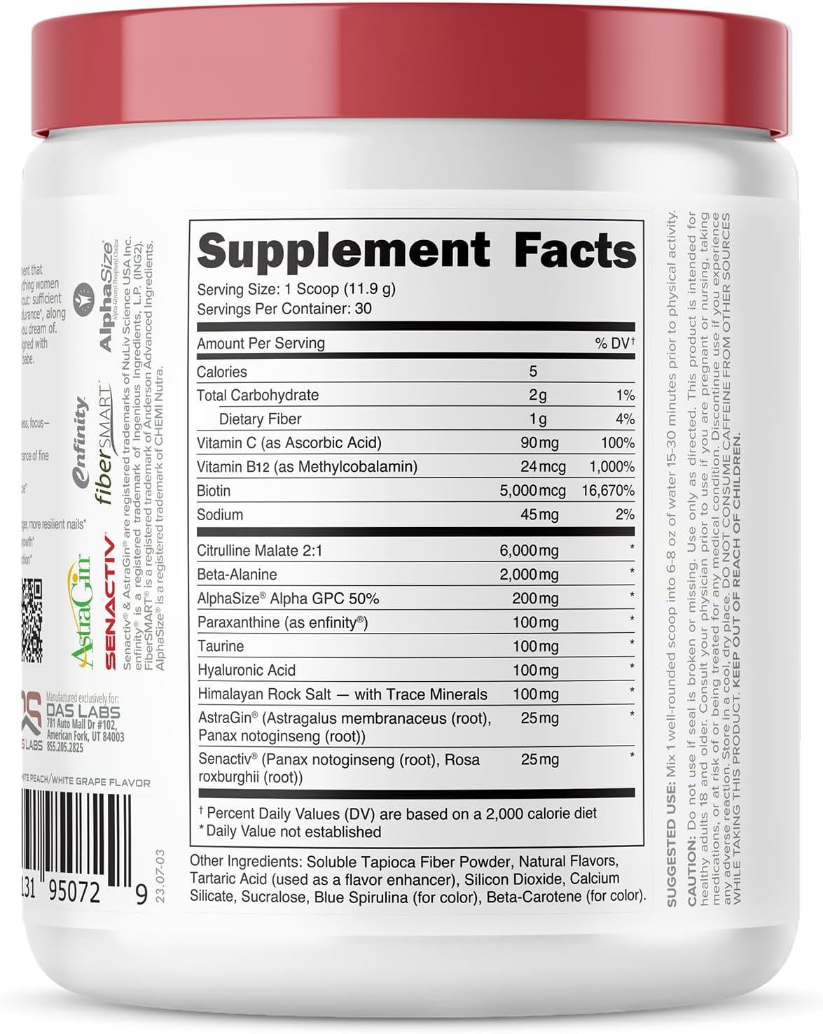 Babe Pre Workout powder for Women | Sparkling Orchard | 6g Citrulline, 2g Beta-Alanine, 100mg Hyaluronic Acid, 5mg Biotin and 5 other registered trademarked ingredients | 30 servings | 12.6 OZ