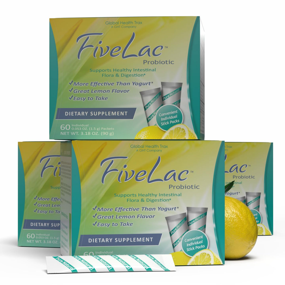 Global Health Trax GHT - ThreeLac Lemon Probiotic Drink Mix for Digestive Health - Advanced Probiotic Powder Formula for Men, Women & Kids - Immune Support & Gut Balance, Non-GMO - 60 Packets