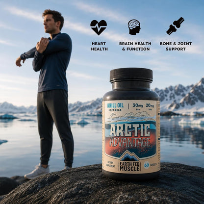 Earth Fed Muscle Arctic Advantage Krill Oil 500mg softgels, Omega-3 DHA & EPA for Heart, Brain, Eye & Joint Health Support, No Fishy Aftertaste, Non-GMO, Gluten-Free Antartic Krill Oil - 60 Capsules
