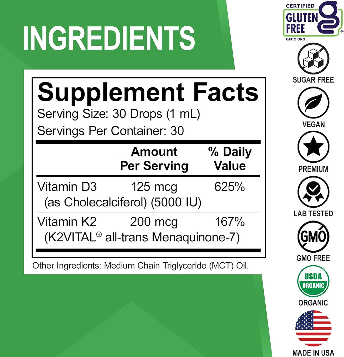 Vitamin D3 K2 Liquid Drops - Organic D3K2 Vitamin D3 K2 Drops Liquid Supplement MCT Oil for Adults & Kids, Calcium Absorption Strong Bones - Vit D and K 5000 IU Supplements, Vitamins D + K MK7 1 Fl Oz
