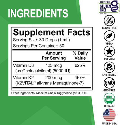 Vitamin D3 K2 Liquid Drops - Organic D3K2 Vitamin D3 K2 Drops Liquid Supplement MCT Oil for Adults & Kids, Calcium Absorption Strong Bones - Vit D and K 5000 IU Supplements, Vitamins D + K MK7 1 Fl Oz